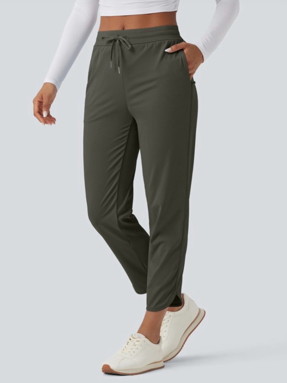 Mid Rise Drawstring Curved Hem Quick Dry Golf Tapered Pants with Pockets